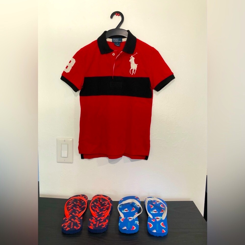 Polo by RL kids polo shirt + Old Navy flip lops. Polo size 7, flip flop size 5-6